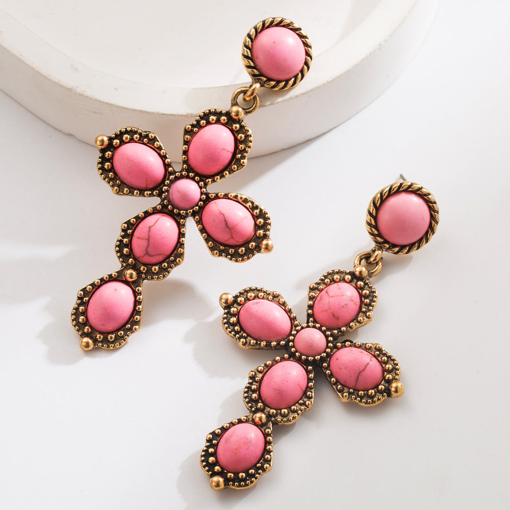 Wholesale Western style oval exaggerated cross earrings with white turquoise